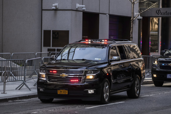 Former US president Donald Trump’s motorcade exits Trump Tower.