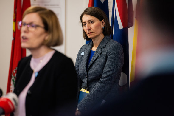 NSW Chief Health Officer Kerry Chant (left) and NSW Premier Gladys Berejiklian give an update on coronavirus in the state on Monday.