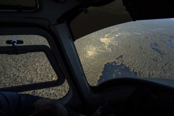 An aerial view of the Barmah-Millewa national parks that straddle the Murray River near the Narrows, or Barmah Choke, taken from Chris Brooks' aircraft. The region contains the largest river red gum forest in Australia, and the world.