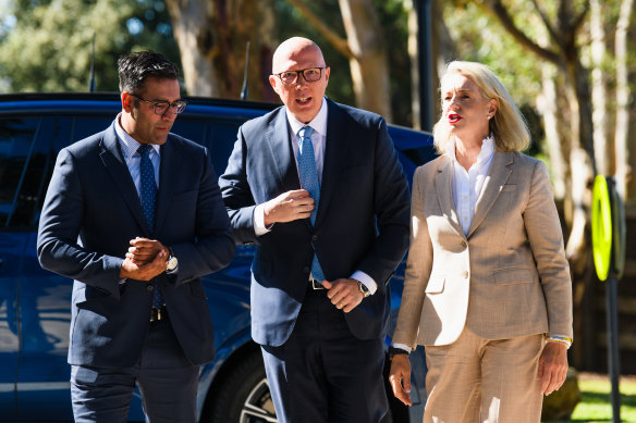 Liberal candidate for Calwell Usman Ghani last month with Peter Dutton and Senator Bridget McKenzie.