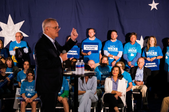 Scott Morrison addressed a campaign rally on Saturday as his wife Jenny looked on, but he didn’t face reporters.