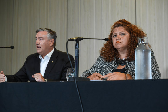 Former Collingwood president Eddie McGuire and Indigenous board member Jodie Sizer addressed the media in 2021 over the Do Better report.