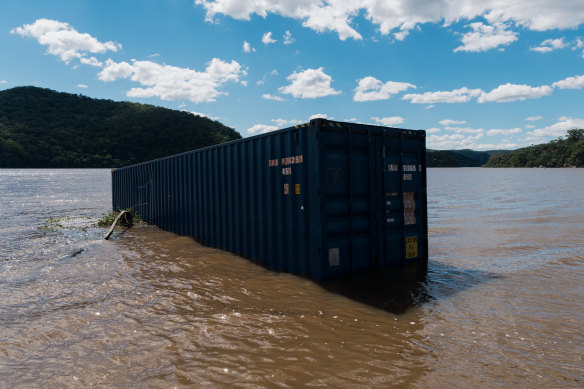 A shipping container washed up in the Hawkesbury River near Sydney during the March floods.