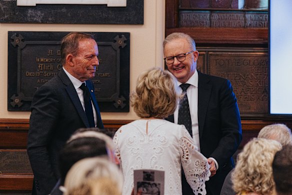 Prime Minister Anthony Albanese with Tony Abbott and Blanche D’Alpuget.