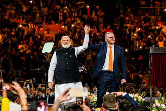 Indian Prime Minister Narendra Modi on stage with Anthony Albanese at Homebush Bay in 2023.