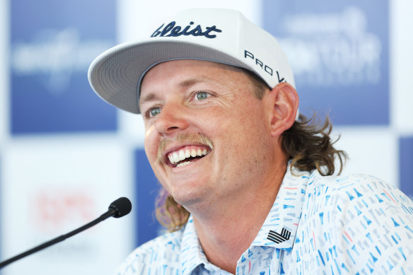 Cameron Smith talks with media during a pre-tournament press conference.