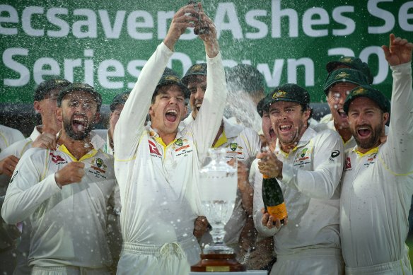 Captain Tim Paine leads the celebrations after Australia retained the Ashes in England in 2019.