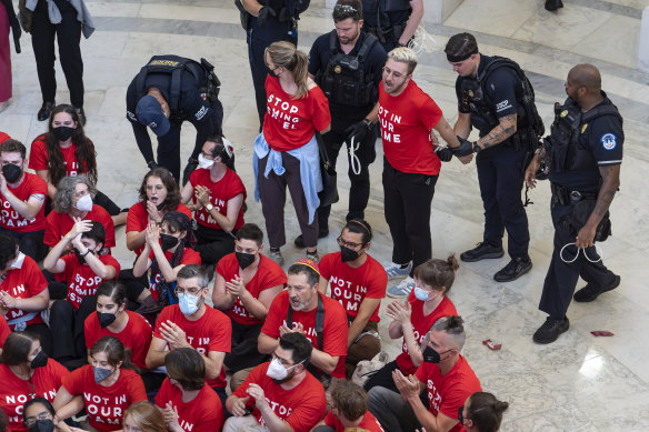 US Capitol police detain demonstrators protesting against Israel’s military policies a day before a visit by Israeli Prime Minister Benjamin Netanyahu, who will address a joint meeting of Congress on Wednesday.