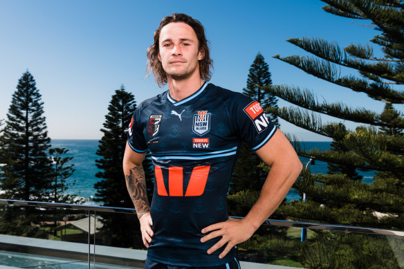 Nicho Hynes in the navy-blue NSW strip that the NRL has asked to be changed.