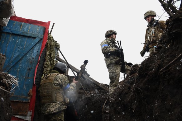 Soldiers with the 30th Brigade at an observation post on the front line in the Donbas region in eastern Ukraine.