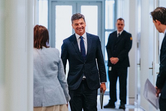 Angus Taylor entering the Liberal Party meeting on Tuesday.