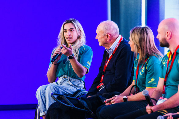 Madison de Rozario (left) with Gerry Harvey and fellow Paralympians Katie Kelly and Chris Bond at a panel discission hosted by Nine.