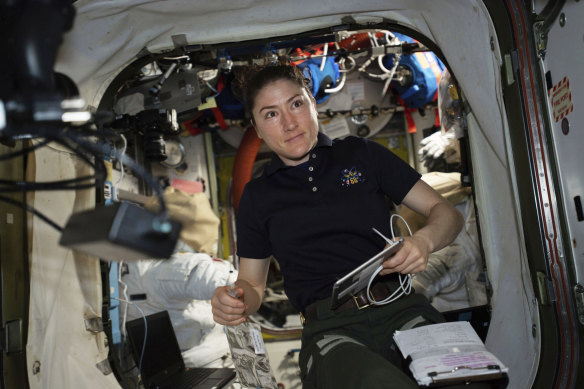 Astronaut Christina Koch inside the International Space Station.