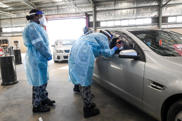 COVID-19 testing at Shepparton showgrounds on Thursday.