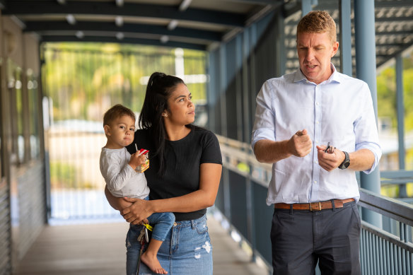 Macleay Vocational College year 12 student Shantasia Chatfield, with her son Luka, and school principal Ryan Martin.
