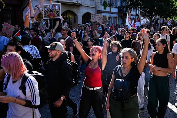 Students chant slogans during a demonstration in Strasbourg, France.
