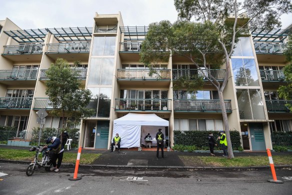 A pop-up COVID testing site in front of a locked down apartment block in Southbank where coronavirus cases have been detected.
