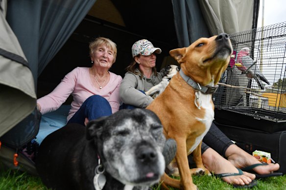 Marian Brandum with her daughter-in-law Sally, dogs and pet galah.