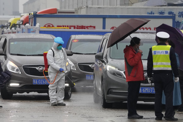 A worker in protective clothes disinfects a vehicle from the World Health Organisation convoy at the Baishazhou wholesale market in Wuhan.