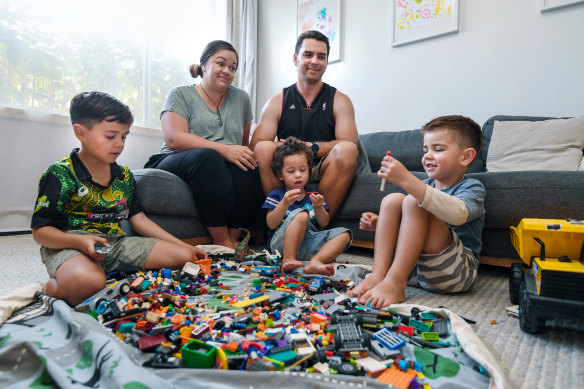 Courtney Pearson and Jade Omond with their kids Hector, 6, George, 4 and Billy, 2. 