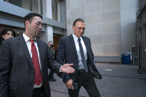 Devon Archer, Hunter Biden’s former business partner, joined at left by lawyer Matthew Schwartz, departs after giving closed-door testimony to the House oversight committee.