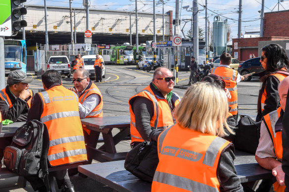 Striking drivers outside the Malvern tram depot last year.