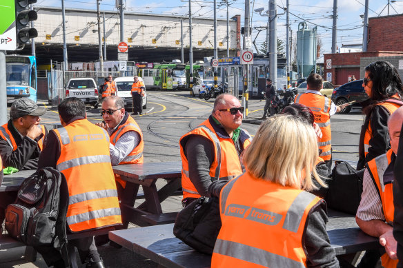 Striking drivers outside the Malvern tram depot.