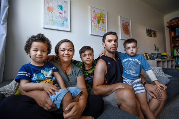 Courtney Pearson and Jade Omond with their sons Hector, George and Billy are feeling the pressure of the rising cost of living. 