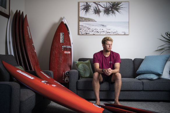 Surfer John John  Florence in his loungeroom before the The World Surf League competition in Narrabeen.