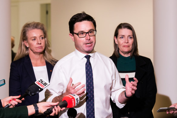 New Nationals leader David Littleproud - backed by Senator Bridget McKenzie (right) and the new party deputy Perin Davey -  at Parliament House after the vote on the leadership team.