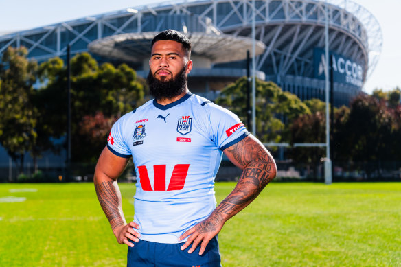 Payne Haas at the NSW Blues camp at Sydney Olympic Park on Tuesday.