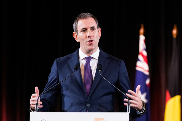 Treasurer Jim Chalmers makes his closing remarks at the Jobs and Skills summit at Parliament House, Canberra.