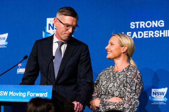 Dominic Perrottet, pictured with his wife Helen, after conceding defeat in the 2023 NSW election.