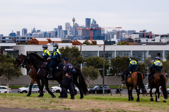 Mounted police patrol Sydney Park in Sydney’s inner-west ahead of planned protests.