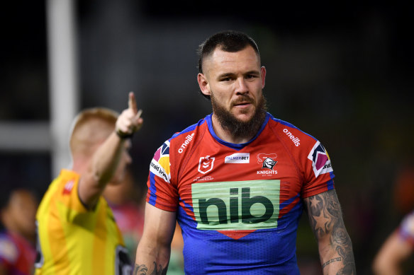 David Klemmer was sent off in the final minute of the Knights’ loss.