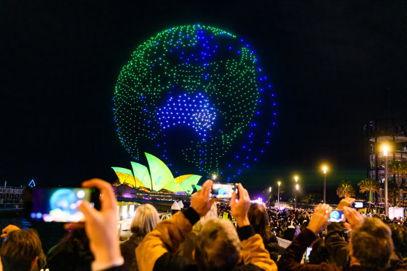 A drone show over the Opera House at the 2023 Vivid festival.