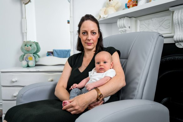 Kerry Kempton with her newborn son Laith, weeks after giving birth while in isolation at the Royal Women’s Hospital.