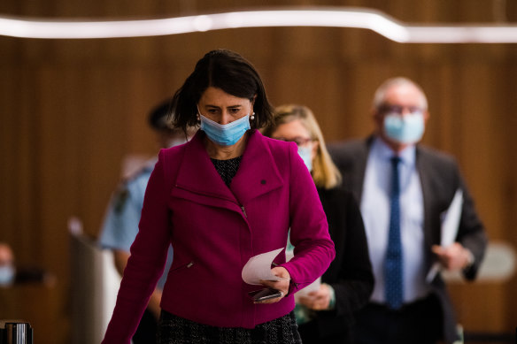 NSW Premier Gladys Berejiklian arriving at today’s press conference. 