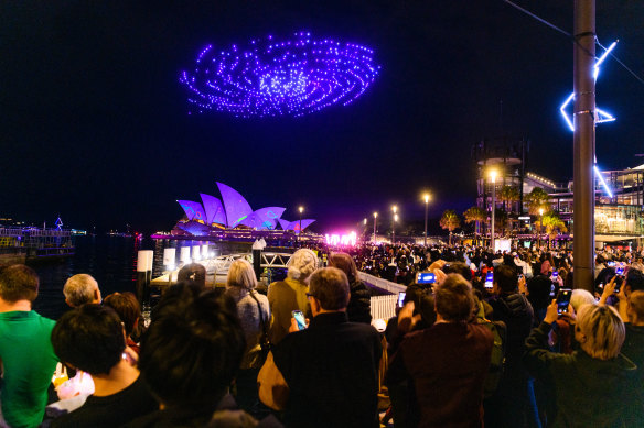 The drone show over Sydney Harbour during Vivid 2023.