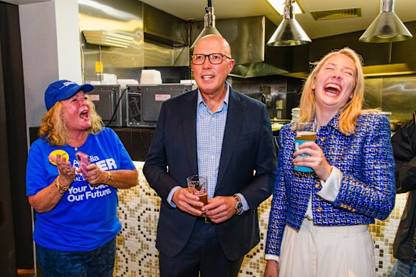 Opposition Leader Peter Dutton with Amelia Hamer at the Tower Hotel in the final days of the campaign.