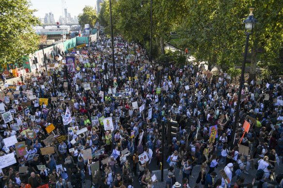 Climate protesters gathered in London on Friday as part of a coordinated strike around the world.