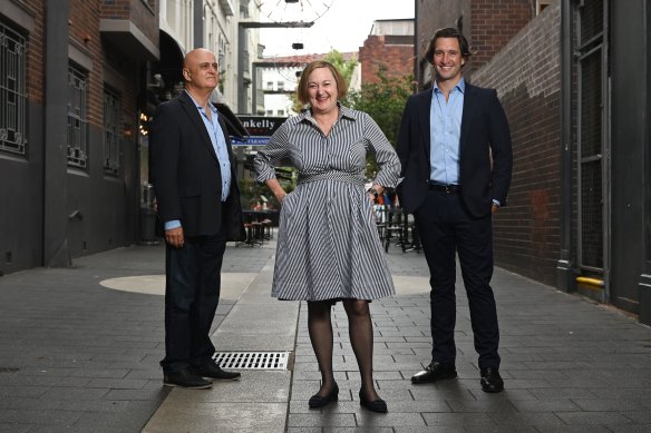 Sydney lord mayoral contender Shauna Jarrett, pictured with Liberal candidates Sam Danieli and Lyndon Gannon. 