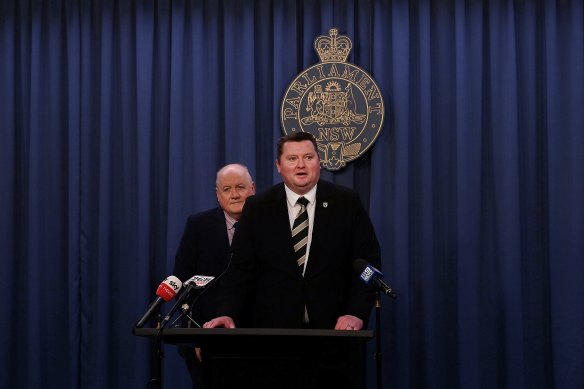 NSW government deputy whip Lee Evans (left) and NSW government whip Nathaniel Smith (right) announcing that Matt Kean is the state’s new deputy Liberal leader.