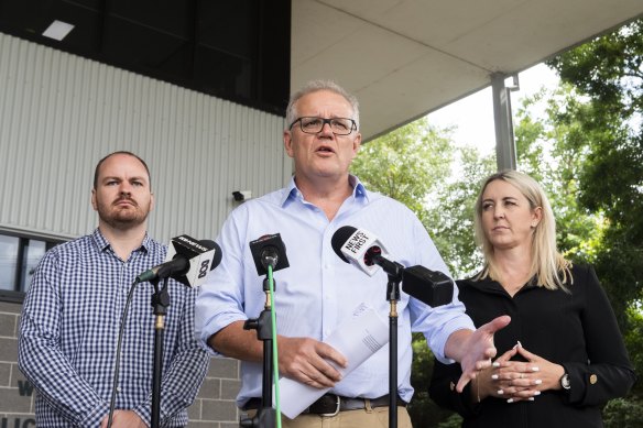 Prime Minister Scott Morrison addresses the media outside the Windsor Police Station about the recent floods. 