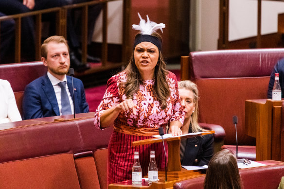 Liberal Senator Jacinta Price delivering her first speech in the Senate.