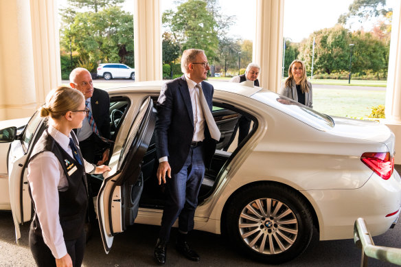 Australia’s new prime minister, Anthony Albanese, arriving at Government House this morning.