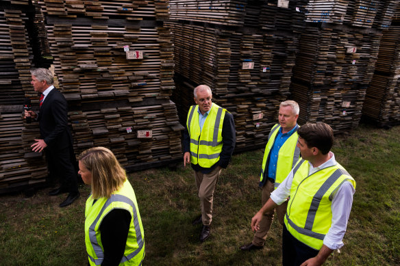 Prime Minister Scott Morrison visiting a timber mill in Tasmania this morning. 