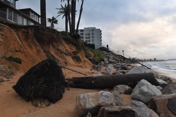 Beach damage in Narrabeen on Tuesday morning after overnight powerful surf and high tides.
