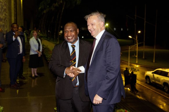Prime Minister Anthony Albanese and Papua New Guinea Prime Minister James Marape at the PNG parliament in Port Moresby on Monday night.