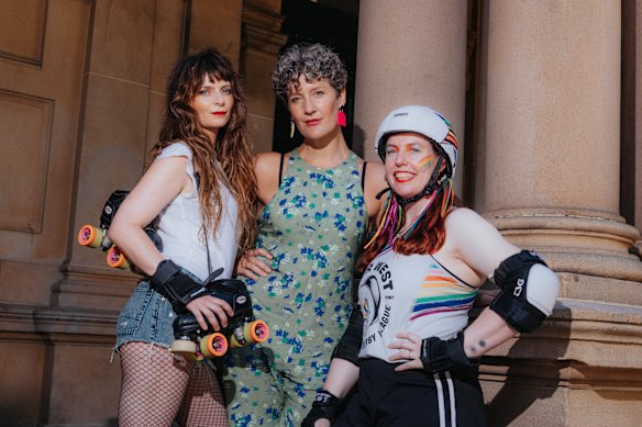 “It’s much harder than you think it is because people who are skating just look so awesome”: Mama Does Derby star Amber McMahon, left, with co-creator and writer Virginia Gay and roller derby skater Nicole Eyles, aka Ziggy Wheeldust. 